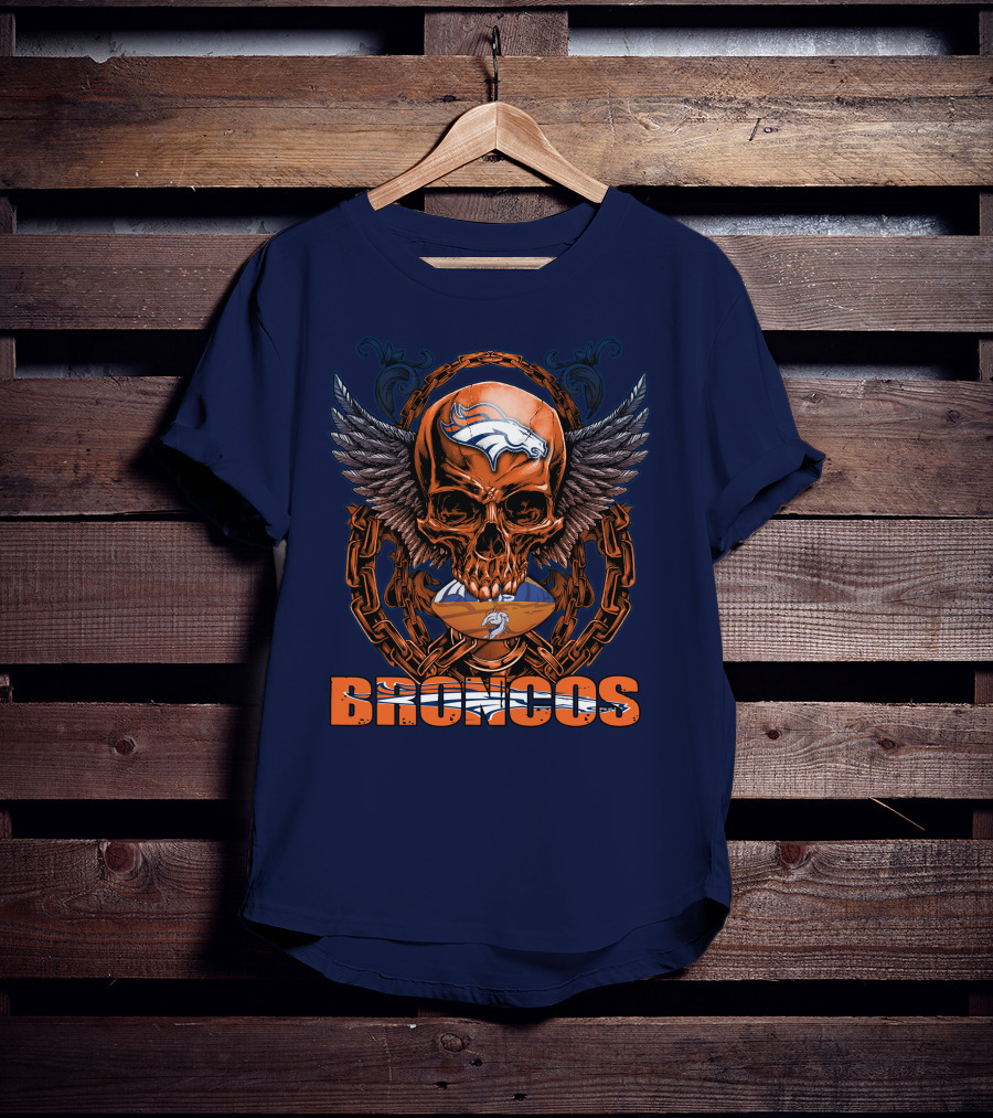 Skullfb Denver Broncos Winged Skull Football Chain T-Shirt