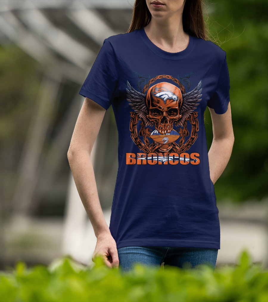 Skullfb Denver Broncos Winged Skull Football Chain T-Shirt