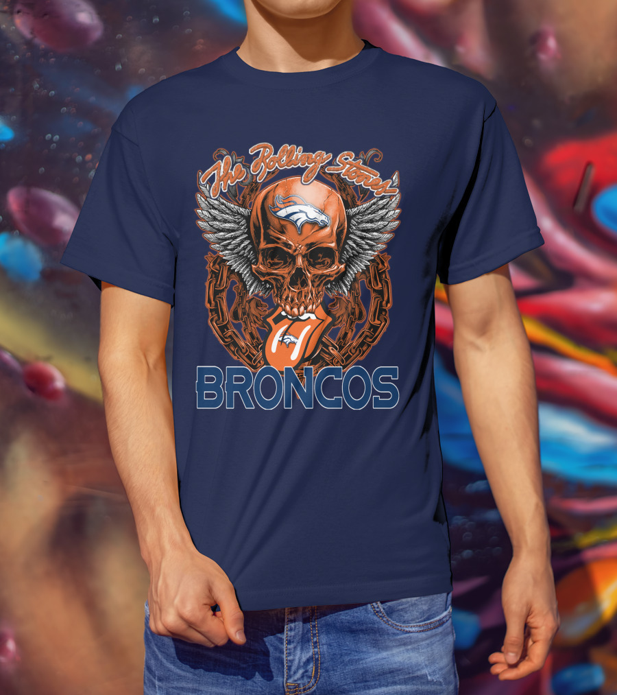 The Rolling Stones Broncos Winged Skull Denver Broncos Logo Tongue T-Shirt