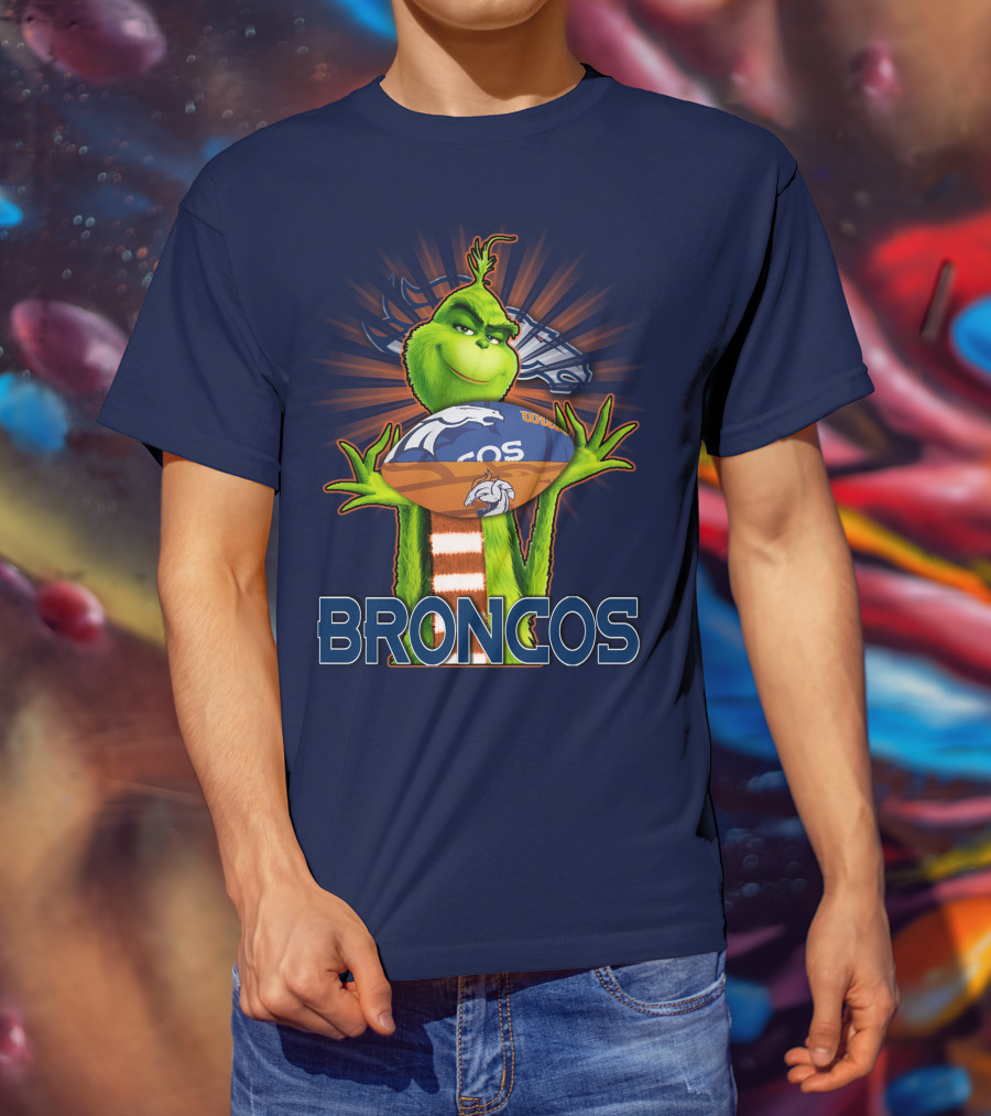 Grinch Holding Denver Broncos Football T-Shirt