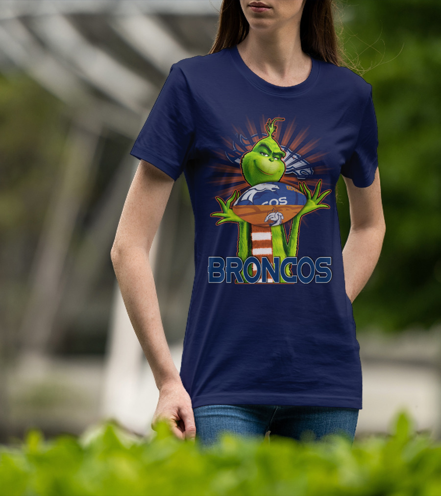 Grinch Holding Denver Broncos Football T-Shirt