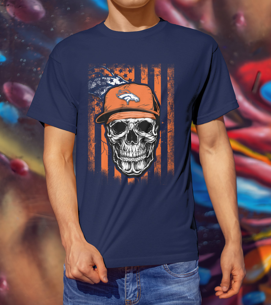Skull V1 Denver Broncos Flag Style Football Skull Cap T-Shirt