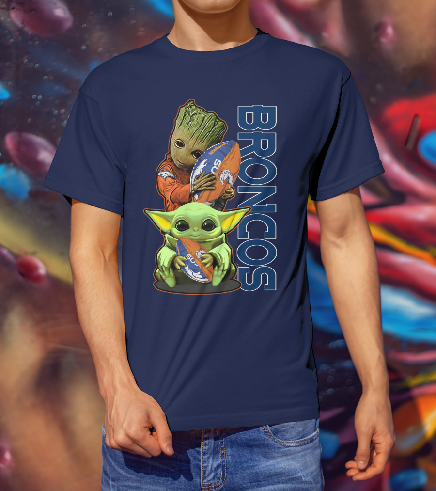 Grzd Denver Broncos Groot And Baby Yoda Holding Broncos Football T-Shirt