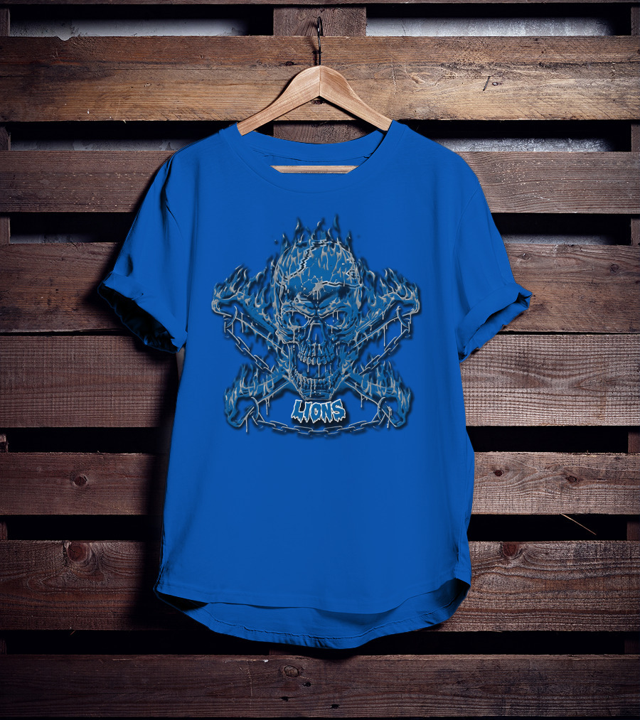 Detroit Lions Skull And Crossbones Fiery Blue T-Shirt