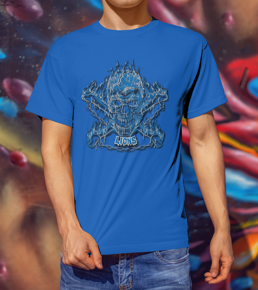 Detroit Lions Skull And Crossbones Fiery Blue T-Shirt