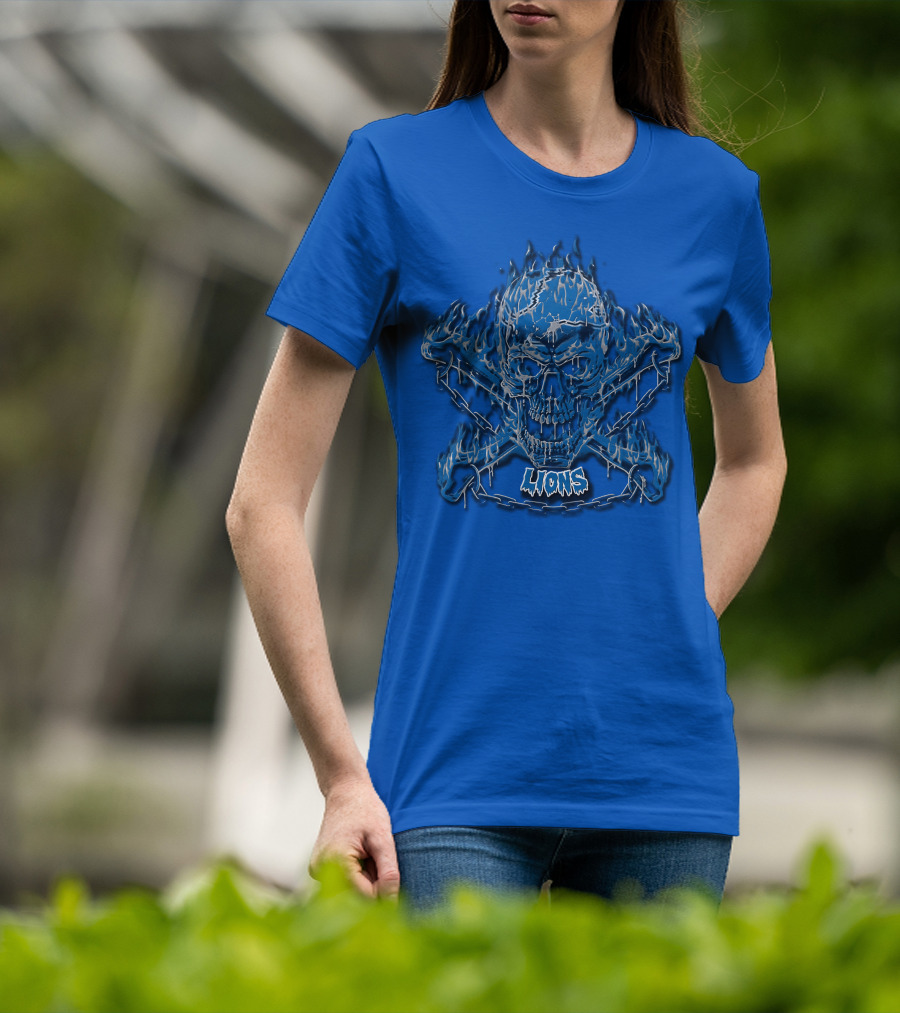 Detroit Lions Skull And Crossbones Fiery Blue T-Shirt