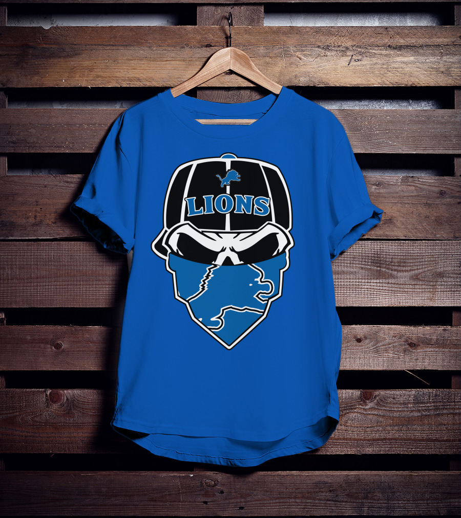 Detroit Lions Skull Bandana Cap Logo Blueprint T-Shirt