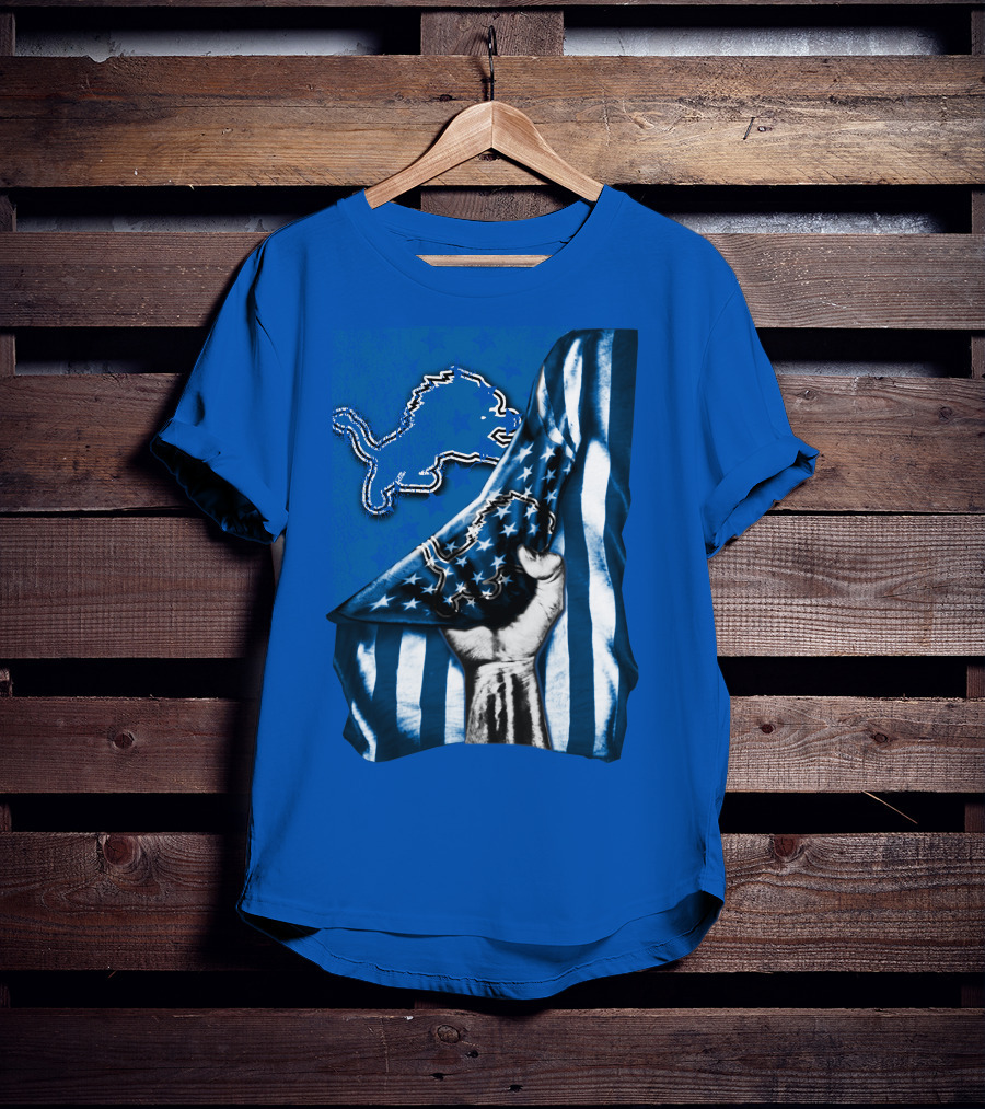 Flag V1 Detroit Lions Blue And White Stars And Stripes Fist T-Shirt