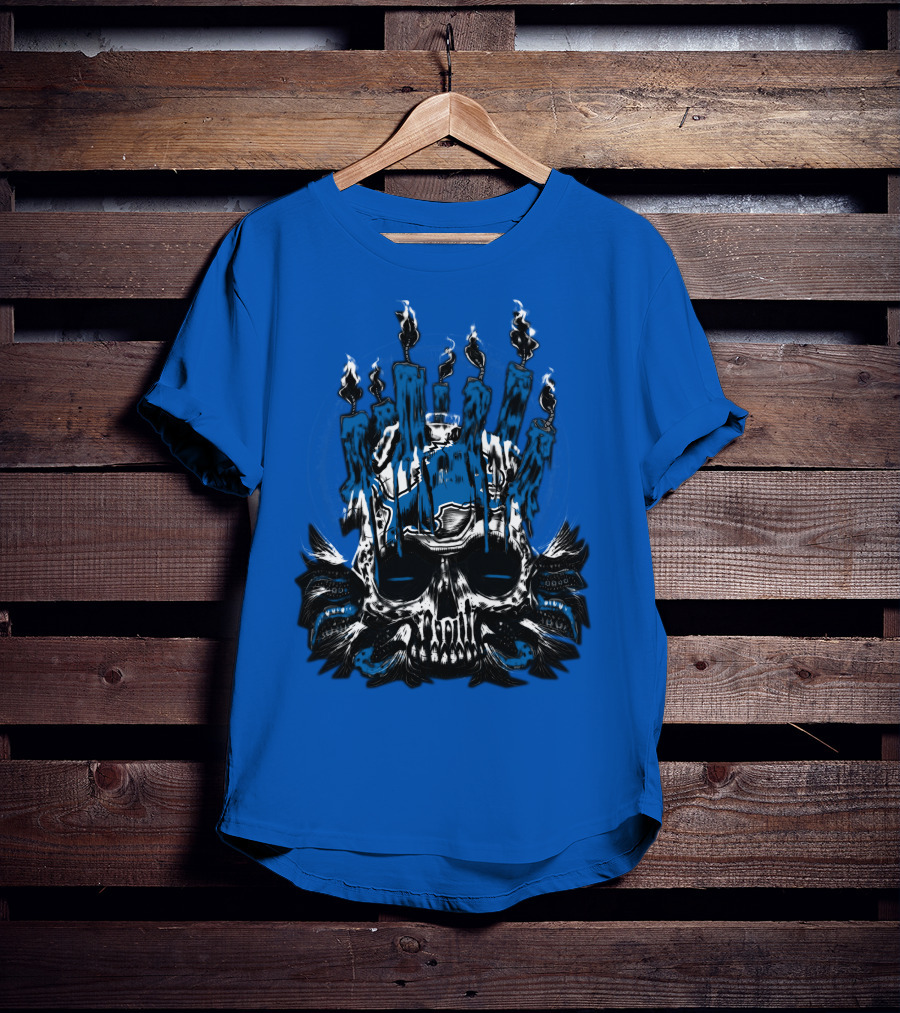 Detroit Lions Skull With Blue Flames And Candles T-Shirt