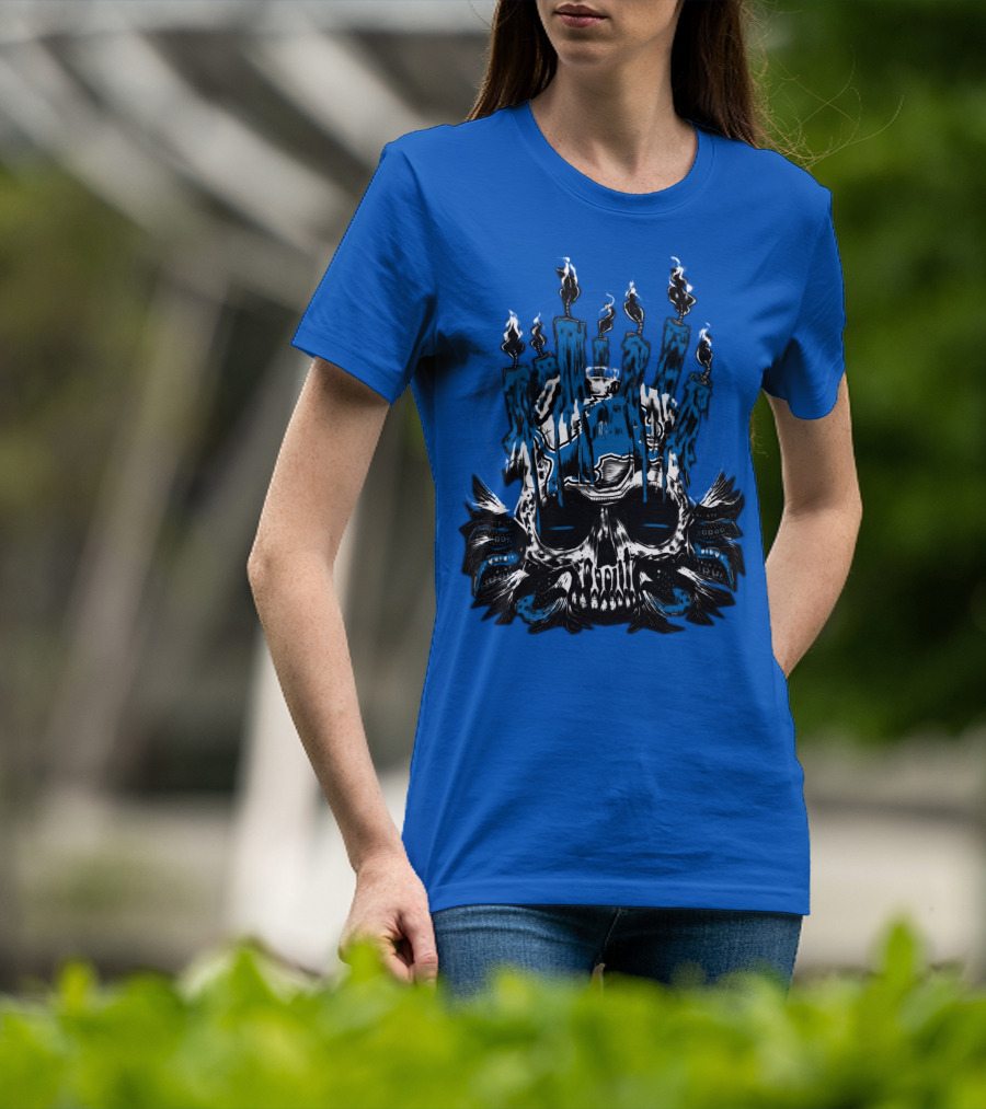 Detroit Lions Skull With Blue Flames And Candles T-Shirt