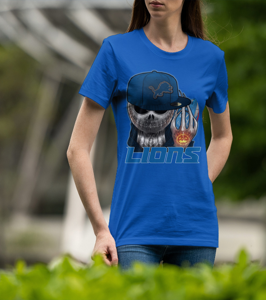LIONS Jackskull Detroit Football Pumpkin Face Cap T-Shirt