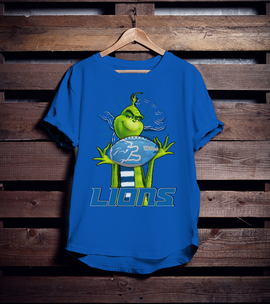 Grinch Holding Detroit Lions Football Blue T-Shirt