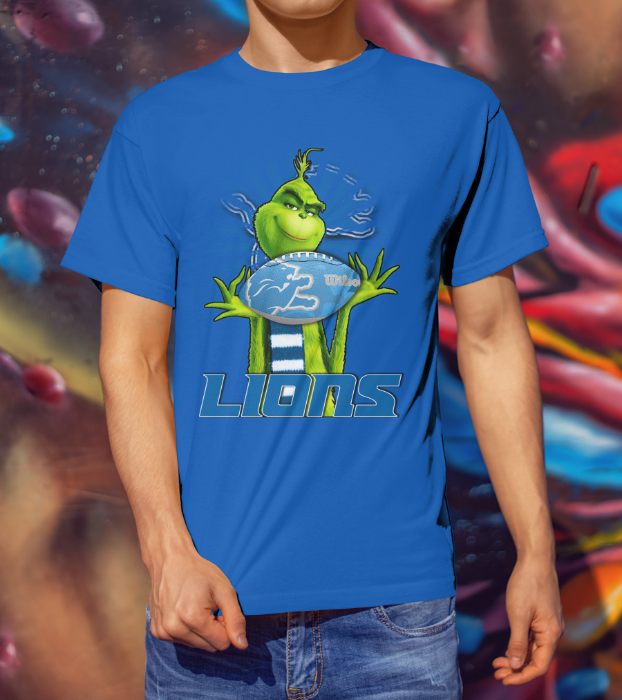Grinch Holding Detroit Lions Football Blue T-Shirt