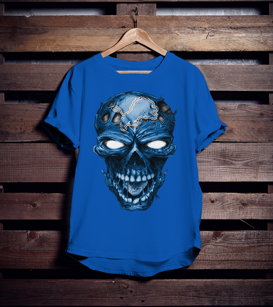 Skull Detroit Lions Distressed Blue Grunge T-Shirt
