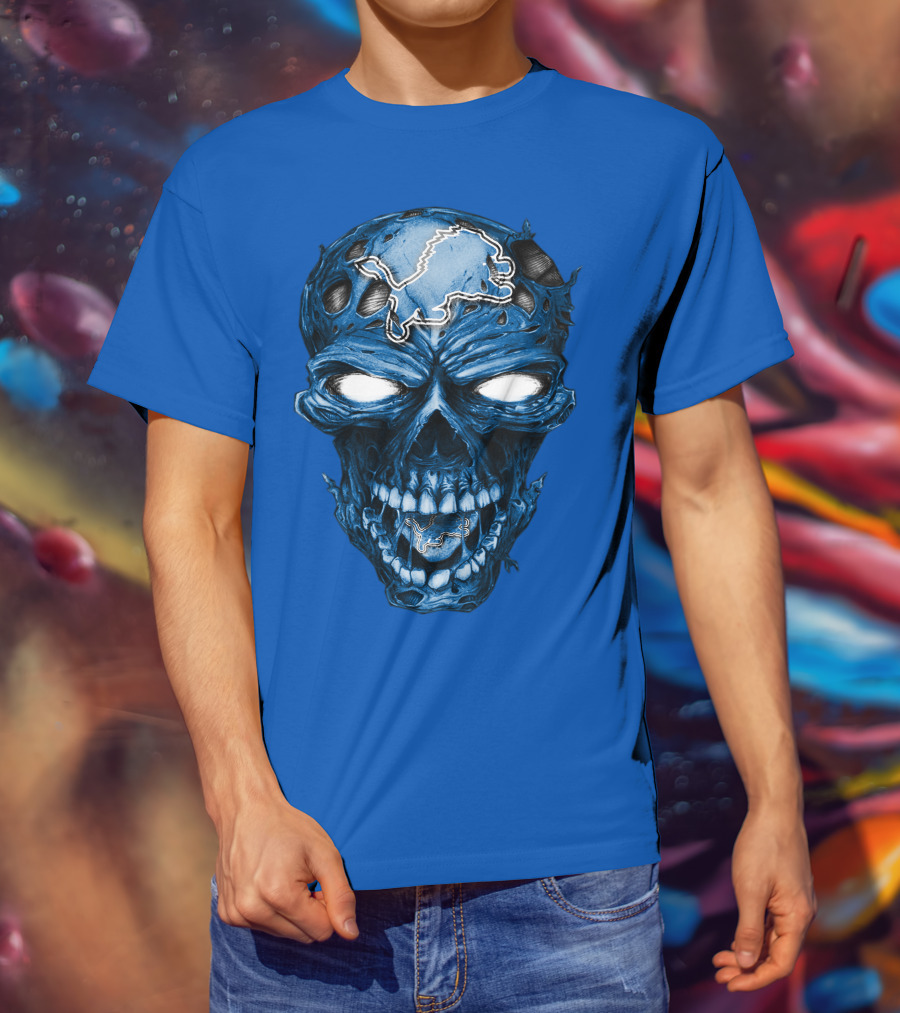 Skull Detroit Lions Distressed Blue Grunge T-Shirt