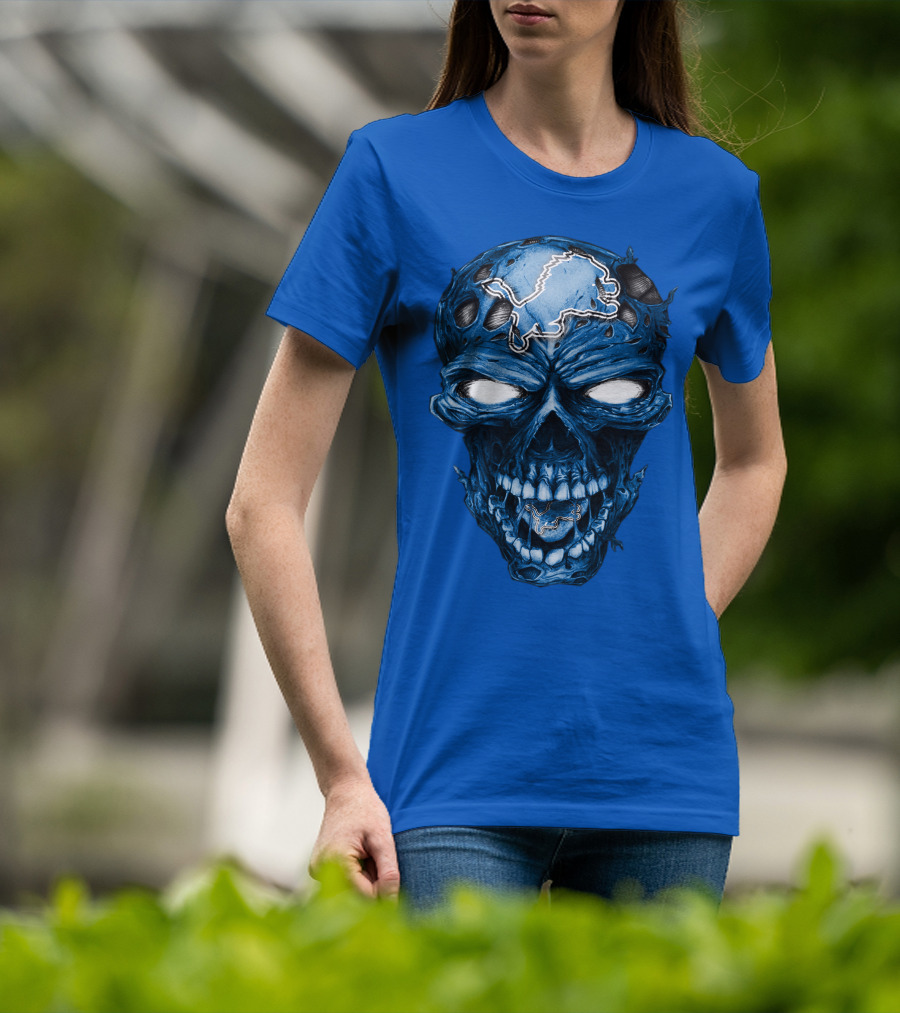Skull Detroit Lions Distressed Blue Grunge T-Shirt