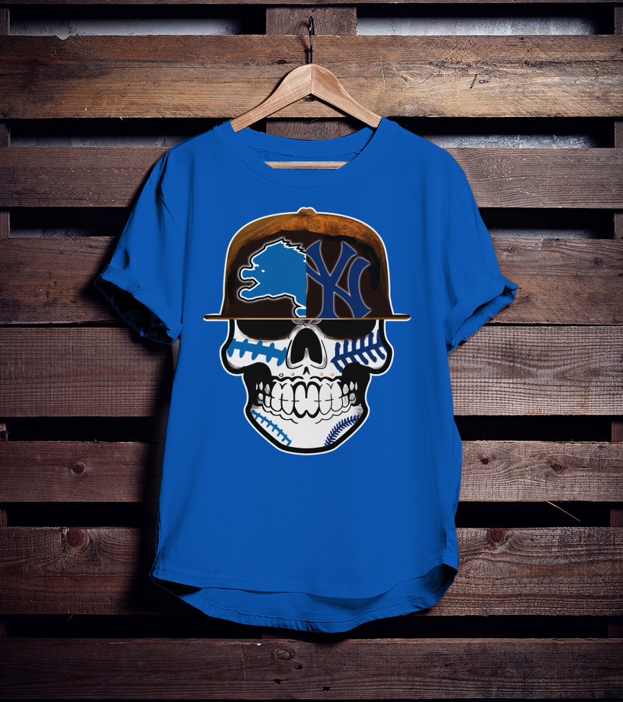 Detroit Lions Yankees Skull Blue Baseball Hat 74 T-Shirt