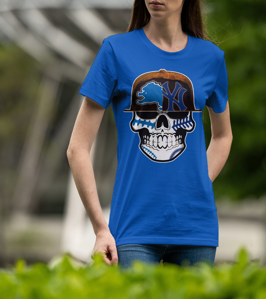 Detroit Lions Yankees Skull Blue Baseball Hat 74 T-Shirt