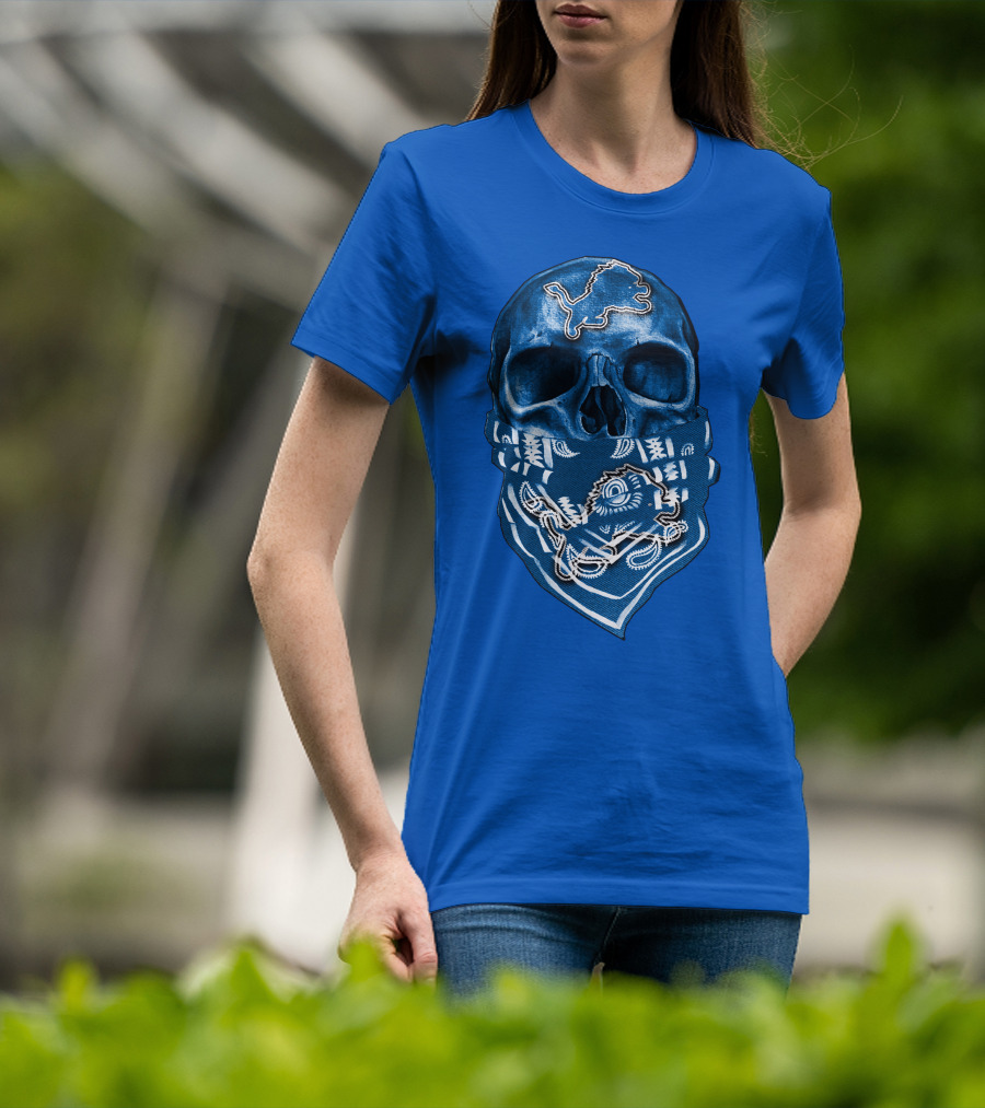 Detroit Lions Skull Bandana Blue T-Shirt