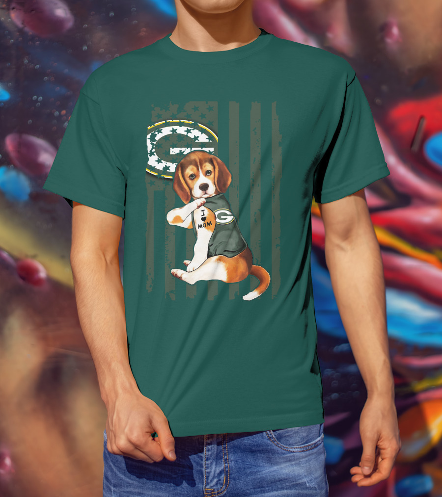 Beagle Wearing Green Bay Packers Jersey With I Love Mom Tattoo T-Shirt