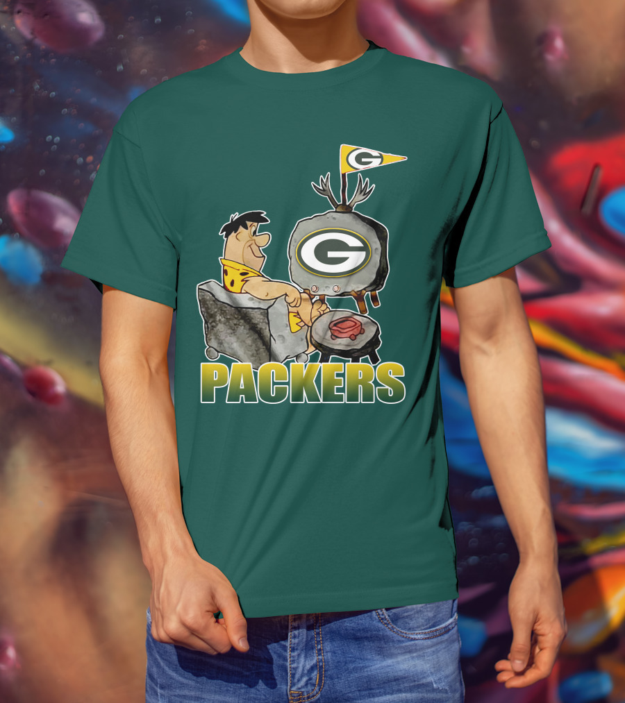 Packers Fred Flintstone Watching Tv With Green Bay T-Shirt