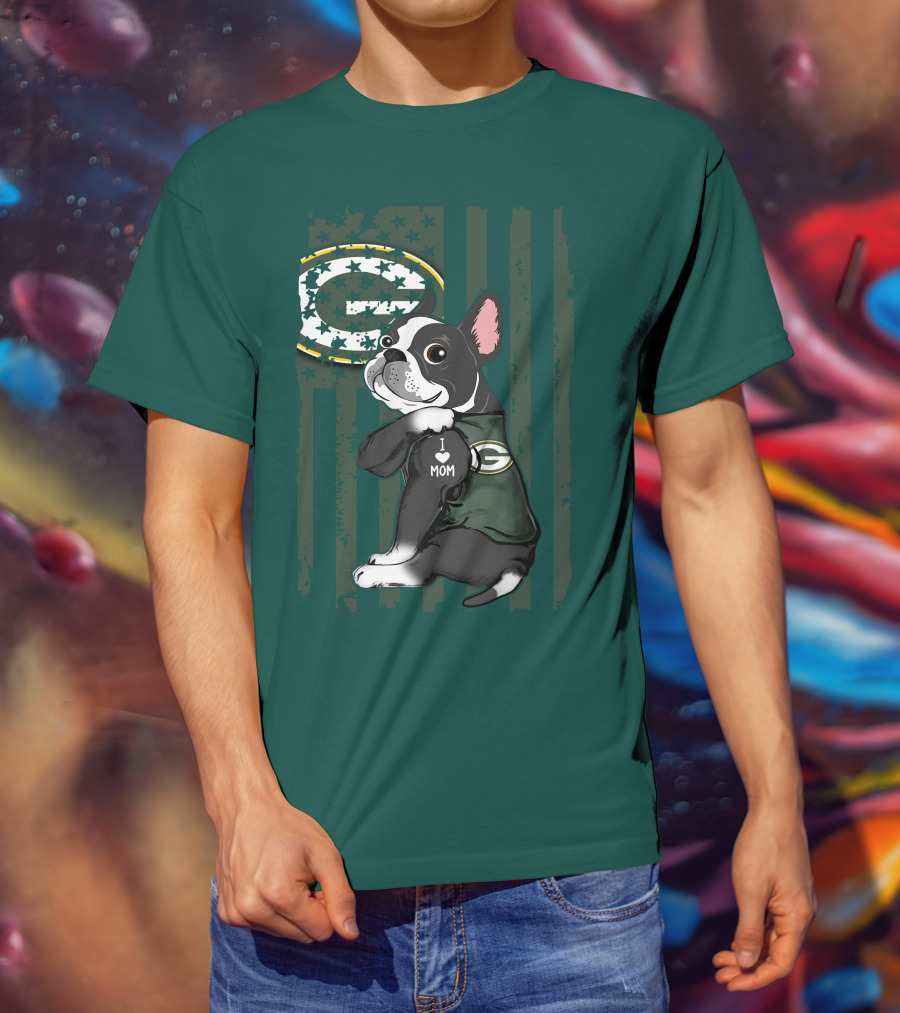 Boston Terrier Holding I Love Mom Green Bay Packers T-Shirt
