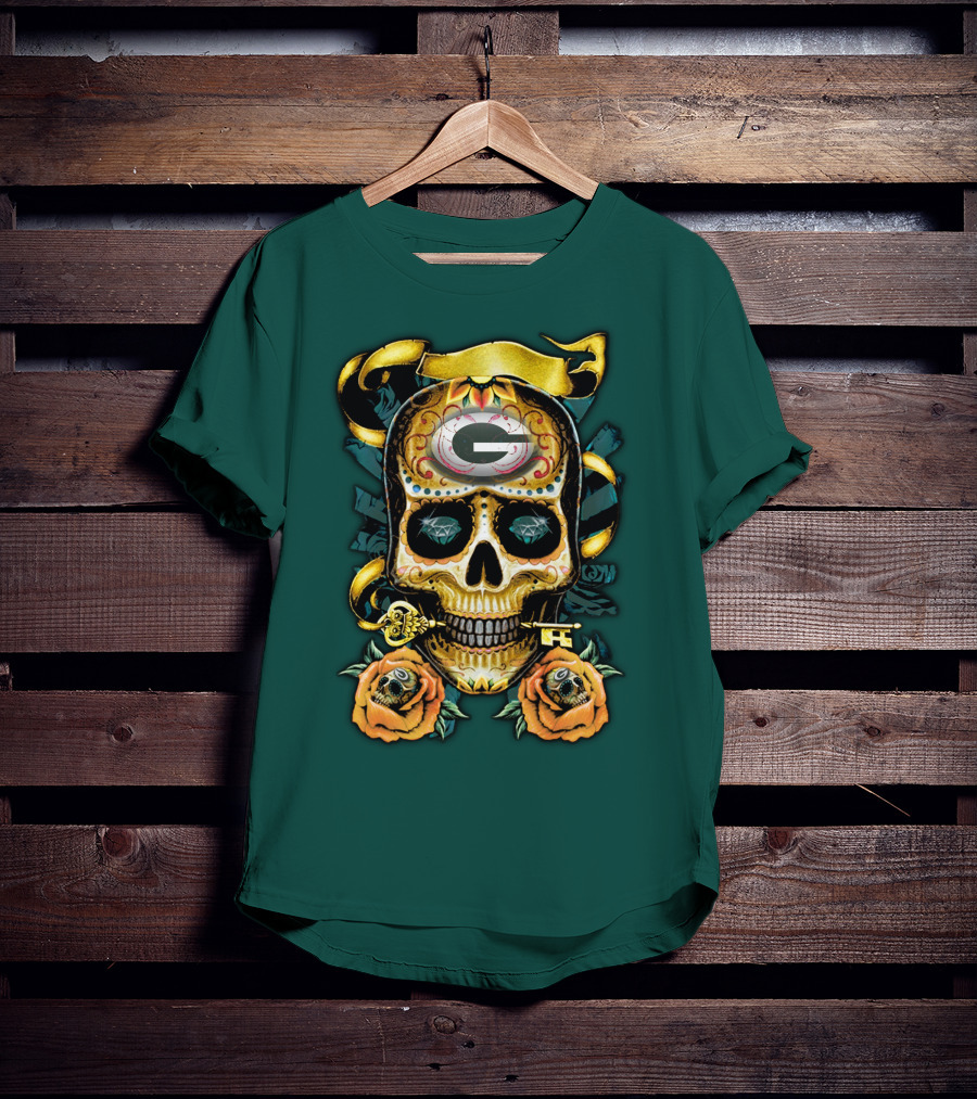 Green Bay Packers Sugar Skull Gothic Design With Floral And Key Elements T-Shirt