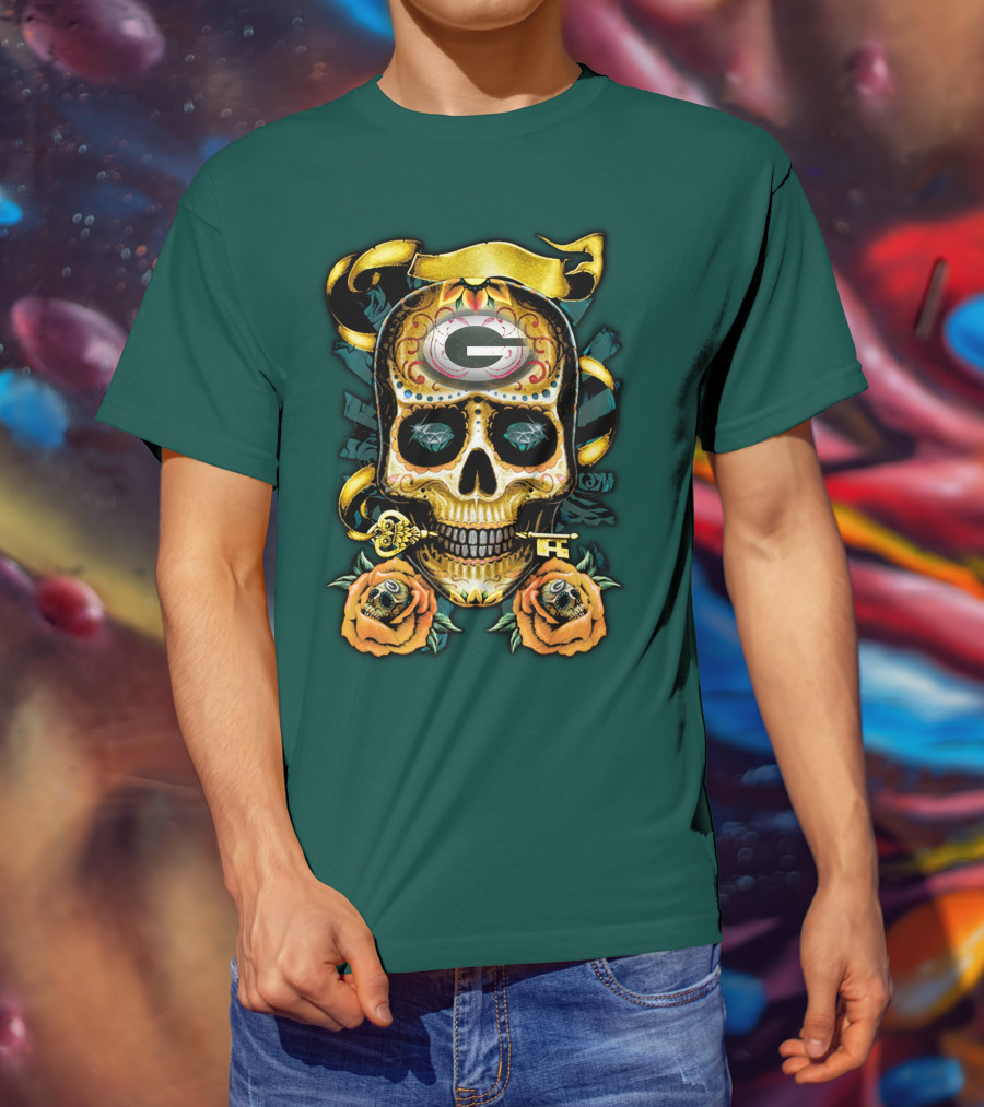 Green Bay Packers Sugar Skull Gothic Design With Floral And Key Elements T-Shirt
