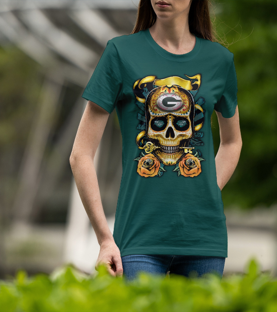 Green Bay Packers Sugar Skull Gothic Design With Floral And Key Elements T-Shirt
