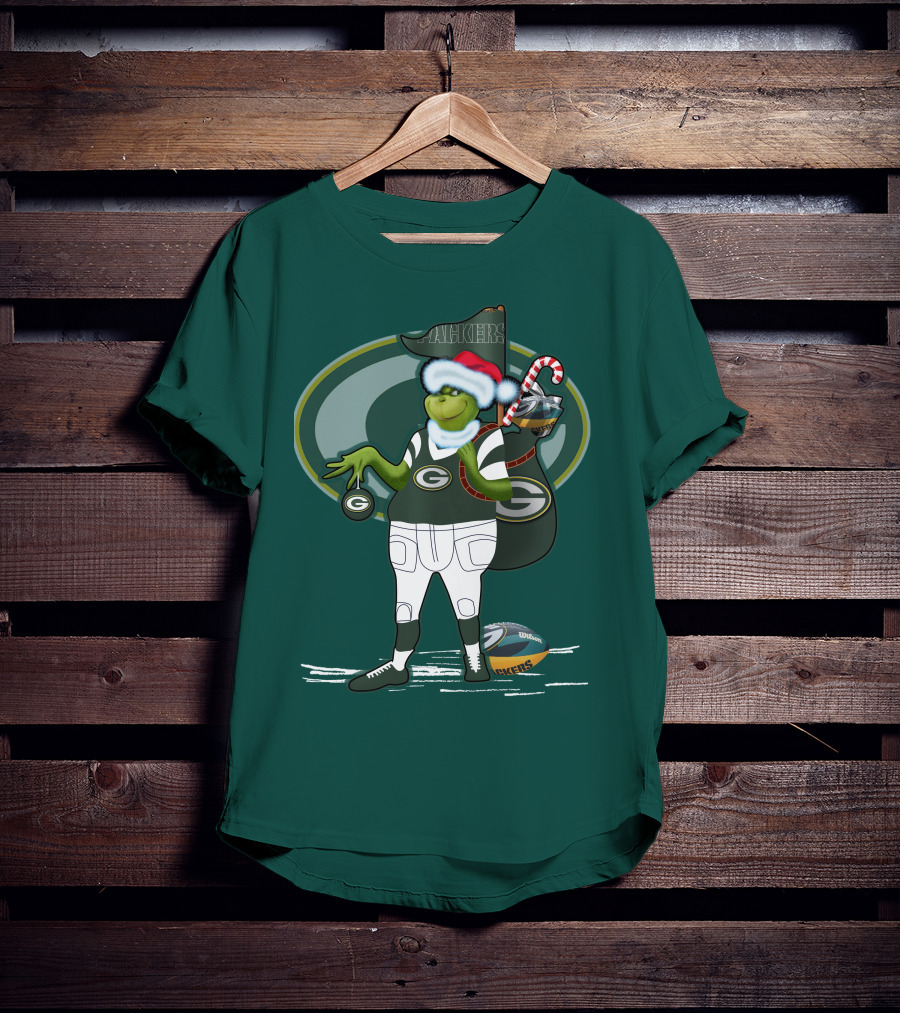 Grinch Green Bay Packers Christmas Santa Hat Football Candy Cane T-Shirt