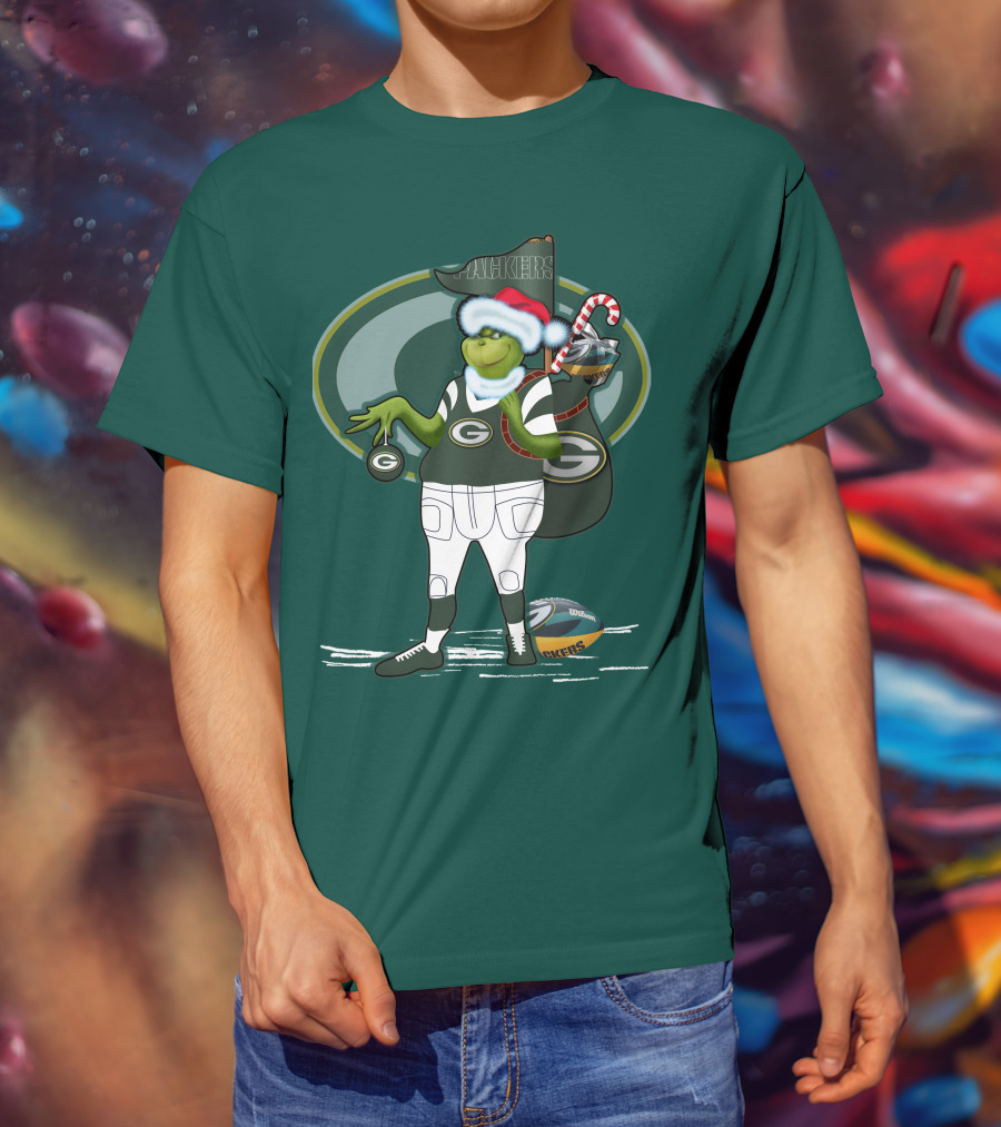 Grinch Green Bay Packers Christmas Santa Hat Football Candy Cane T-Shirt