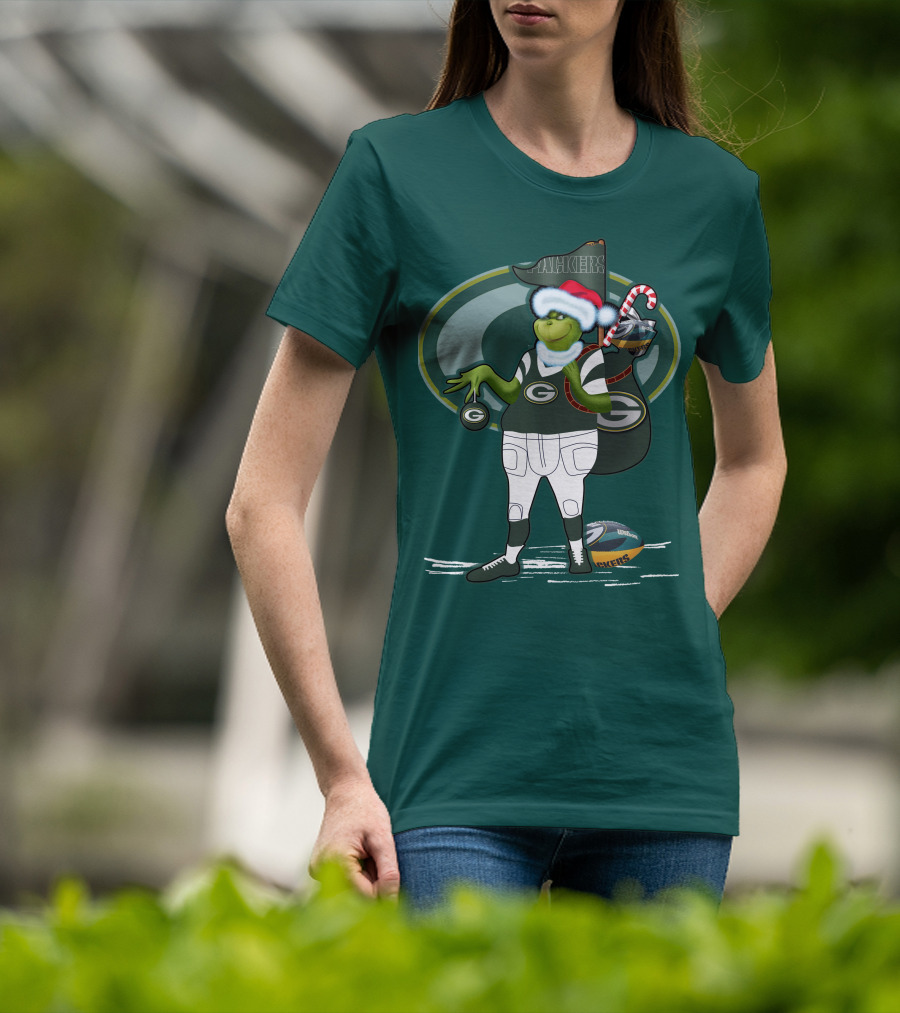 Grinch Green Bay Packers Christmas Santa Hat Football Candy Cane T-Shirt