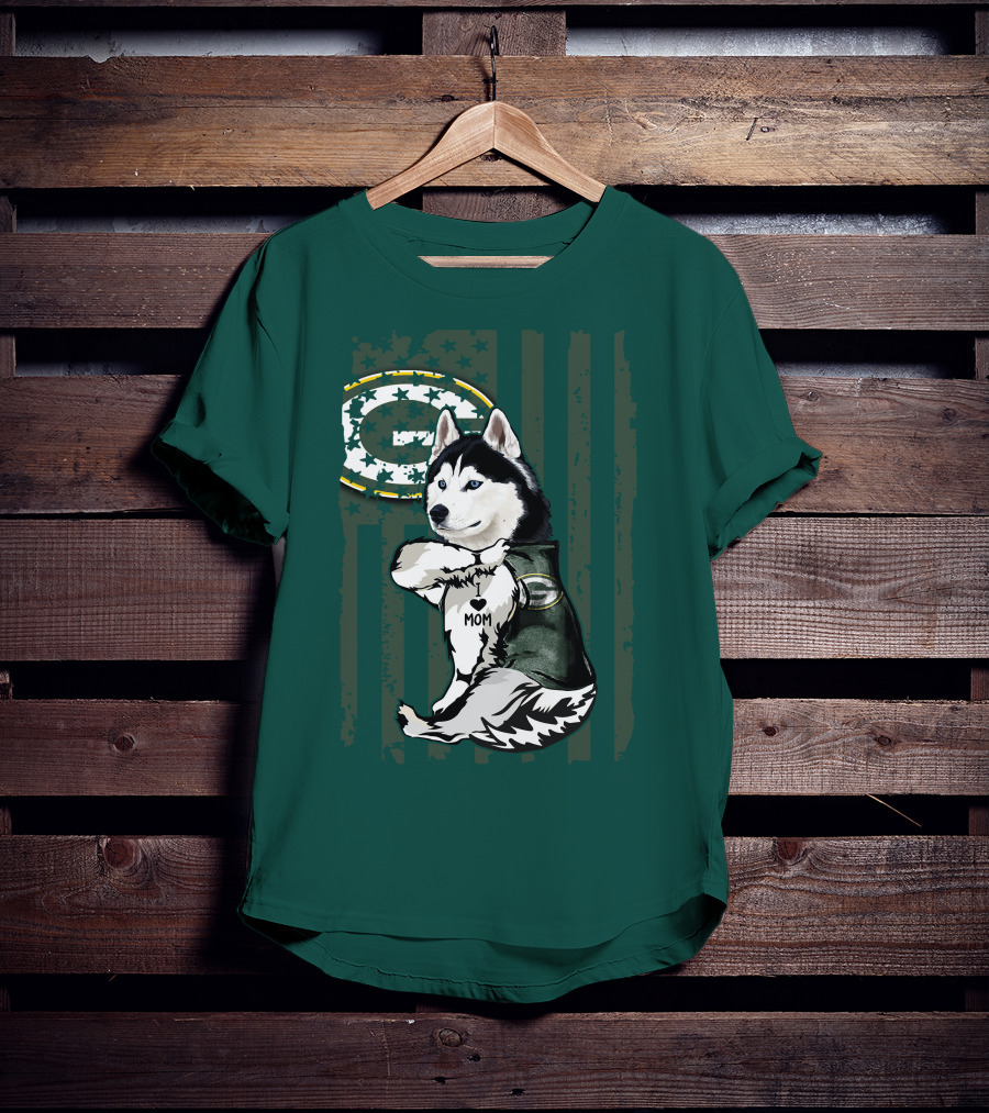 Siberian Husky Green Bay Packers Mom Fan With Heart Tattoo And Team T-Shirt