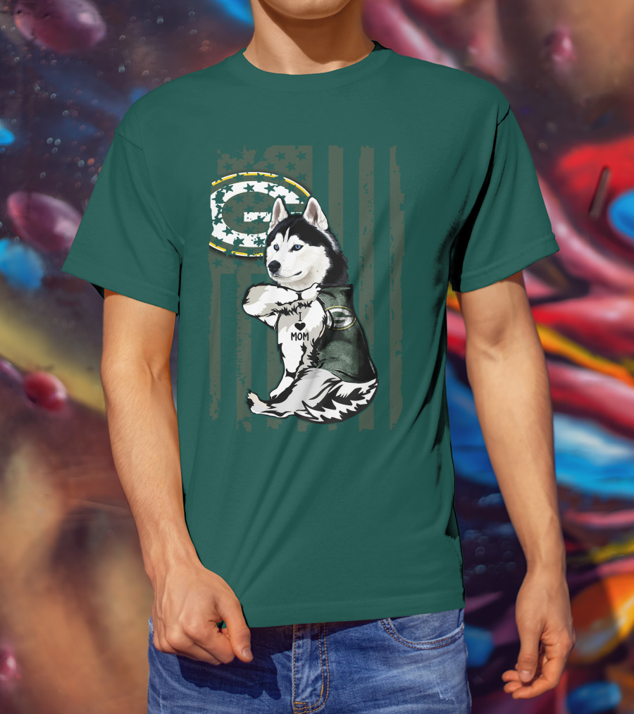 Siberian Husky Green Bay Packers Mom Fan With Heart Tattoo And Team T-Shirt