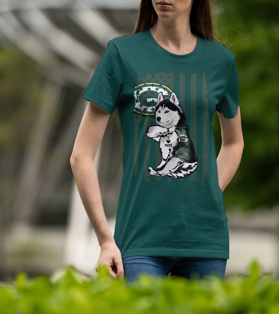 Siberian Husky Green Bay Packers Mom Fan With Heart Tattoo And Team T-Shirt