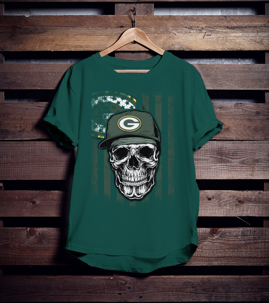 Skull Wearing Green Bay Packers Cap On Flag Background T-Shirt