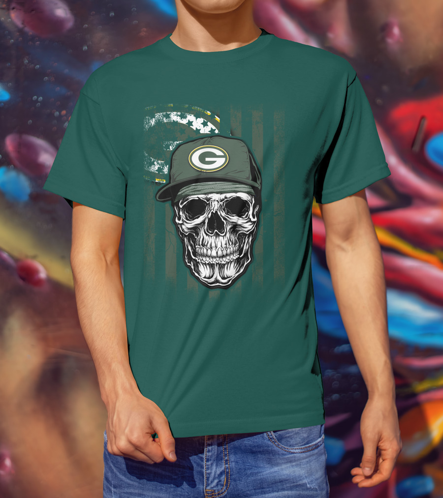 Skull Wearing Green Bay Packers Cap On Flag Background T-Shirt