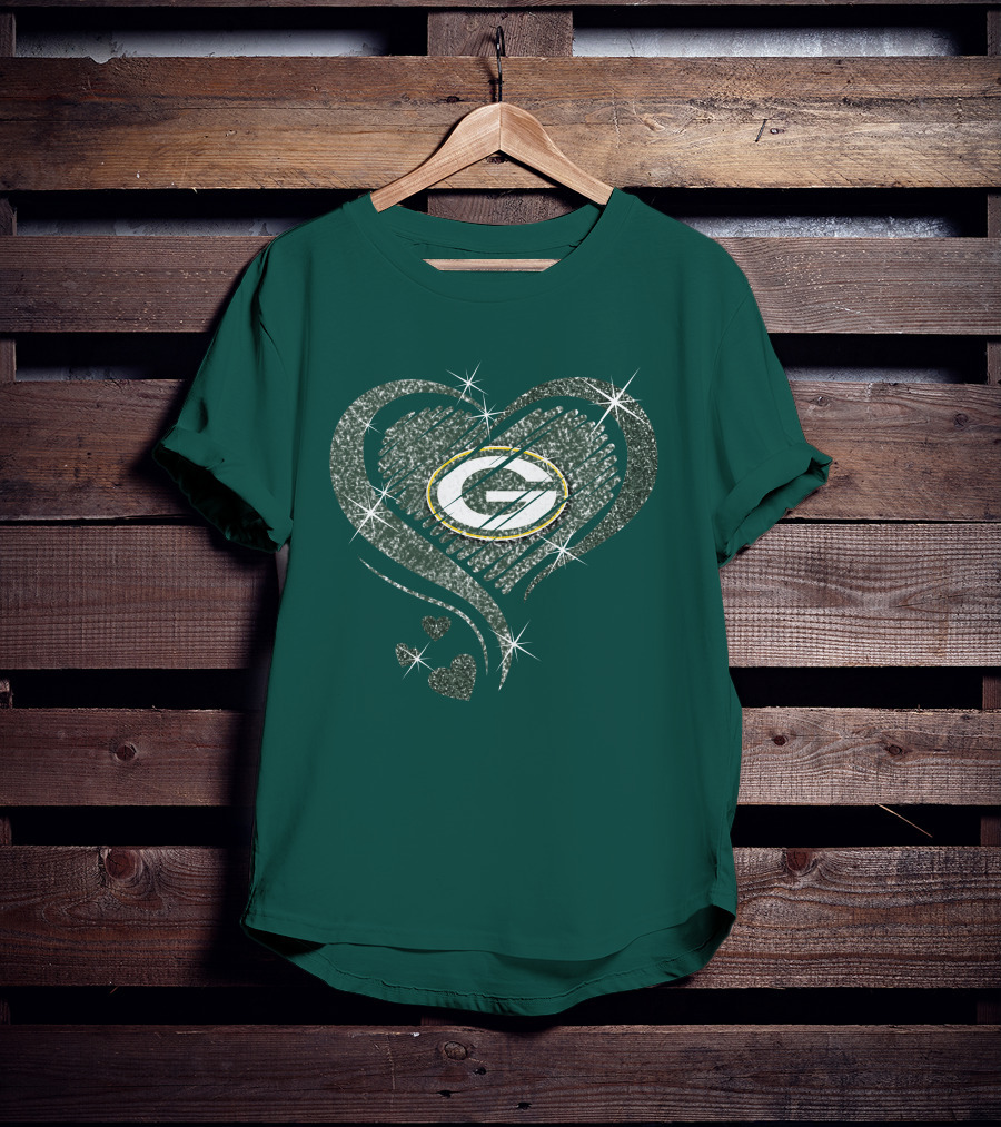 Green Bay Packers Heart Diamond Sparkle T-Shirt