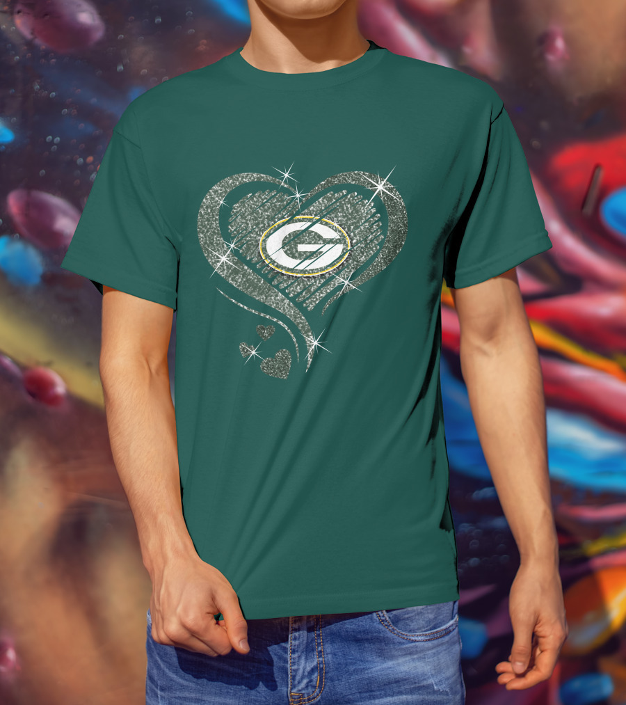 Green Bay Packers Heart Diamond Sparkle T-Shirt