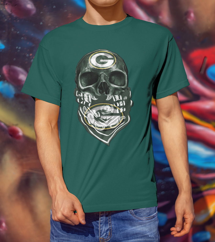 Skull Wearing Green Bay Packers Bandana T-Shirt