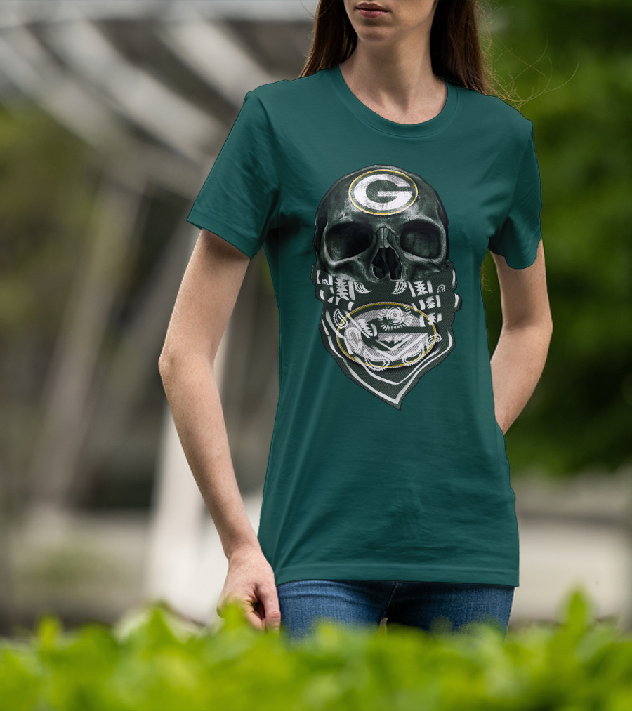 Skull Wearing Green Bay Packers Bandana T-Shirt