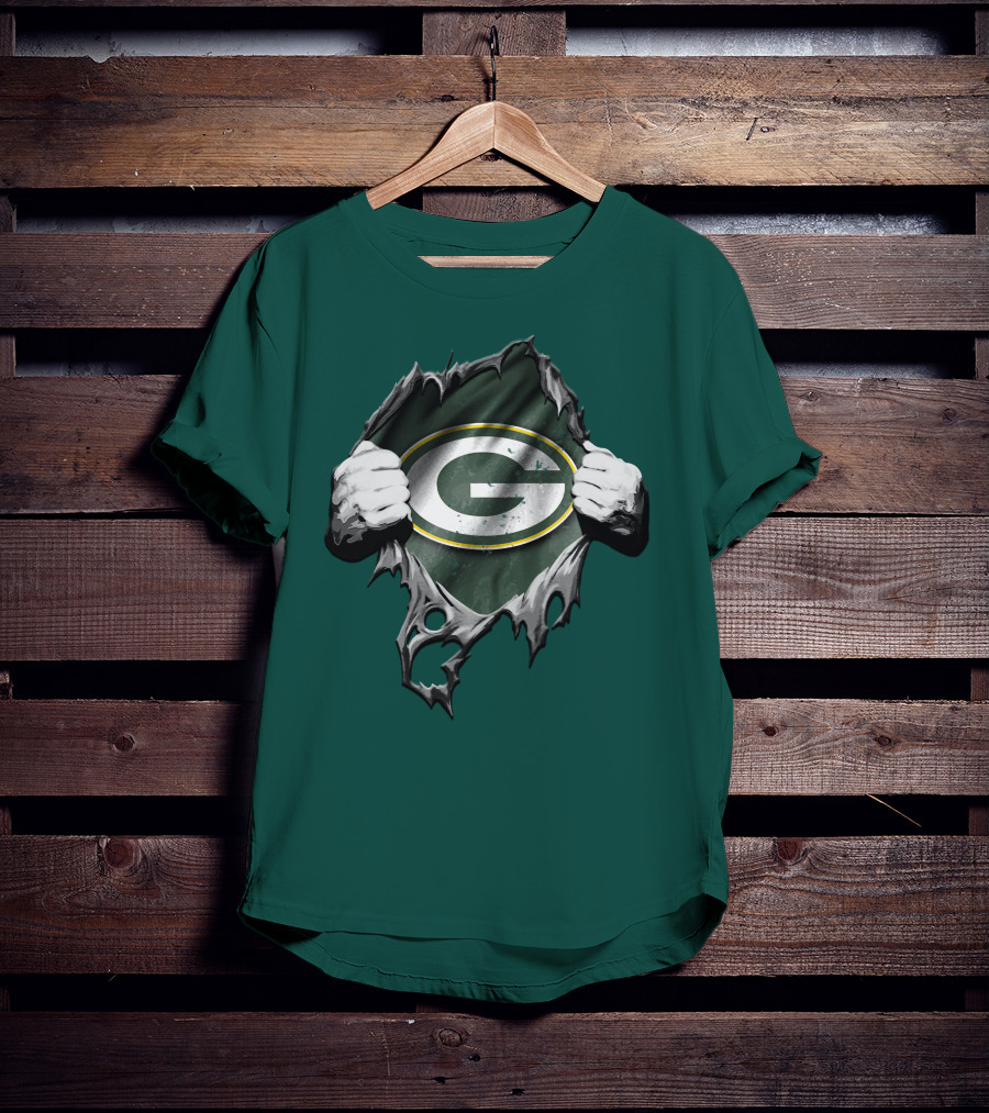 Torn Green Bay Packers Logo With Hands On Green Background T-Shirt