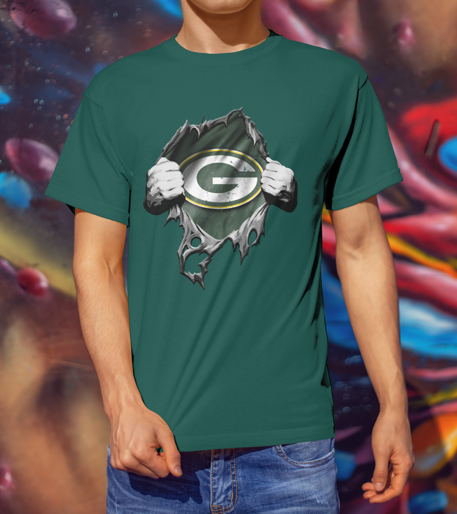 Torn Green Bay Packers Logo With Hands On Green Background T-Shirt