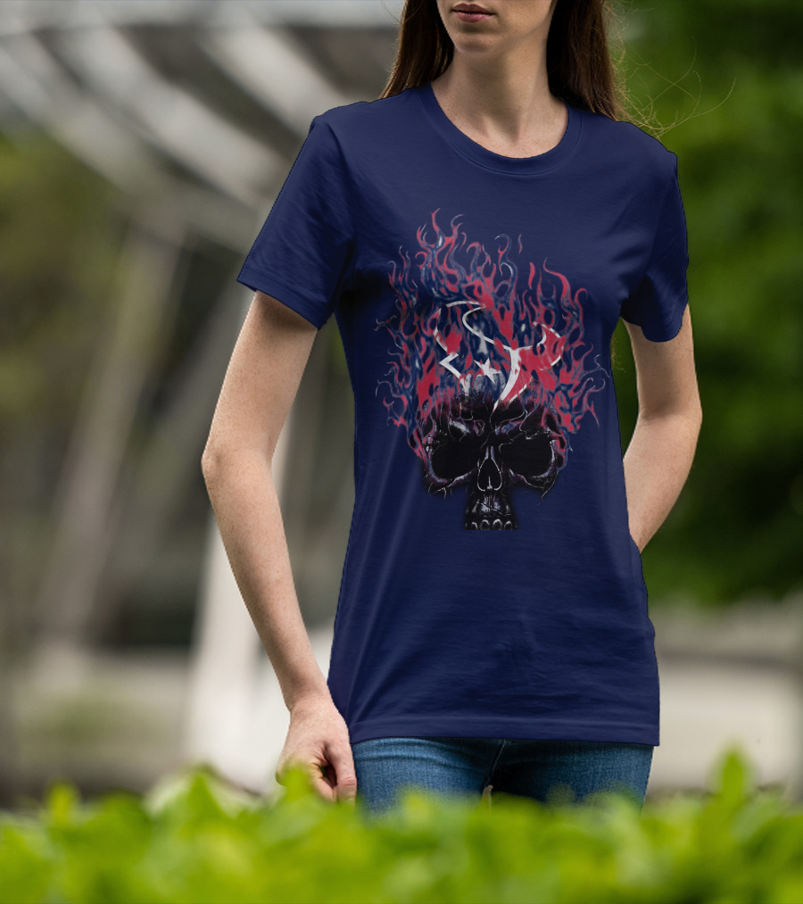 Houston Texans Skull With Fiery Logo And Flames T-Shirt