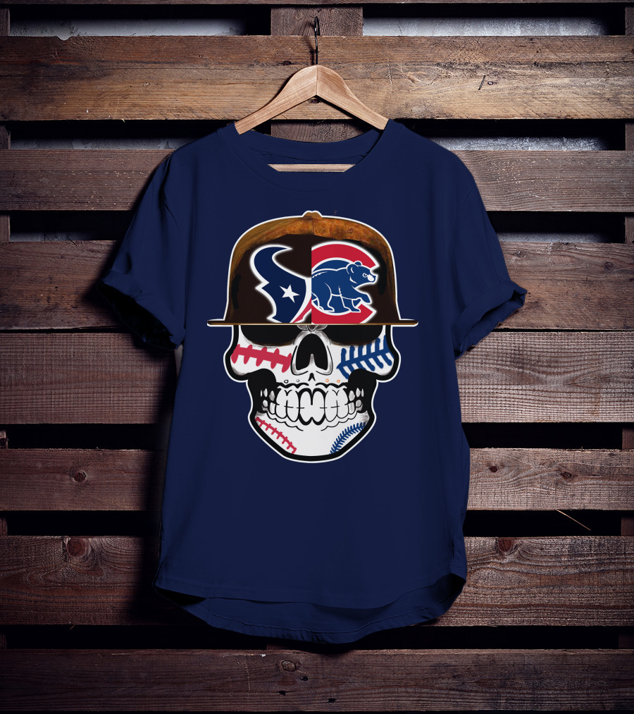 Houston Texans Chicago Cubs Skull Baseball Football Fusion T-Shirt