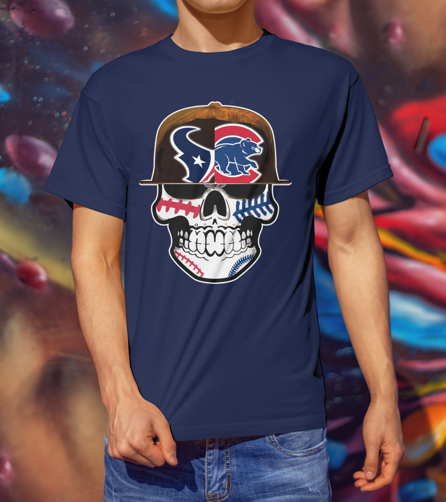Houston Texans Chicago Cubs Skull Baseball Football Fusion T-Shirt