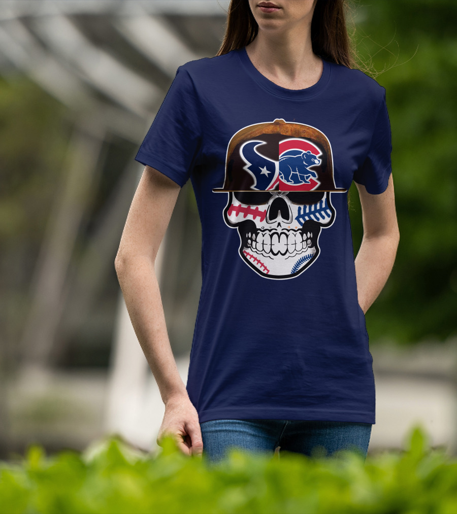 Houston Texans Chicago Cubs Skull Baseball Football Fusion T-Shirt