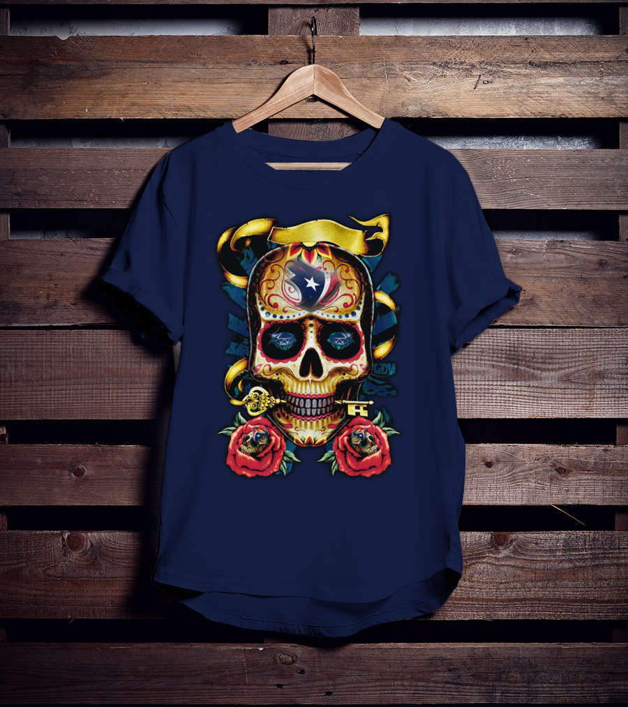 Houston Texans Skull Design With Roses And Key T-Shirt