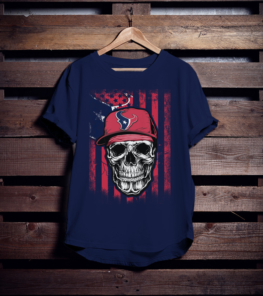 Skull In Houston Texans Hat With American Flag Background T-Shirt