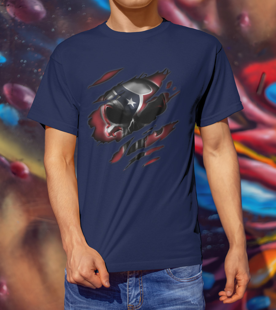 Houston Texans 68 Skull Logo Ripped T-Shirt
